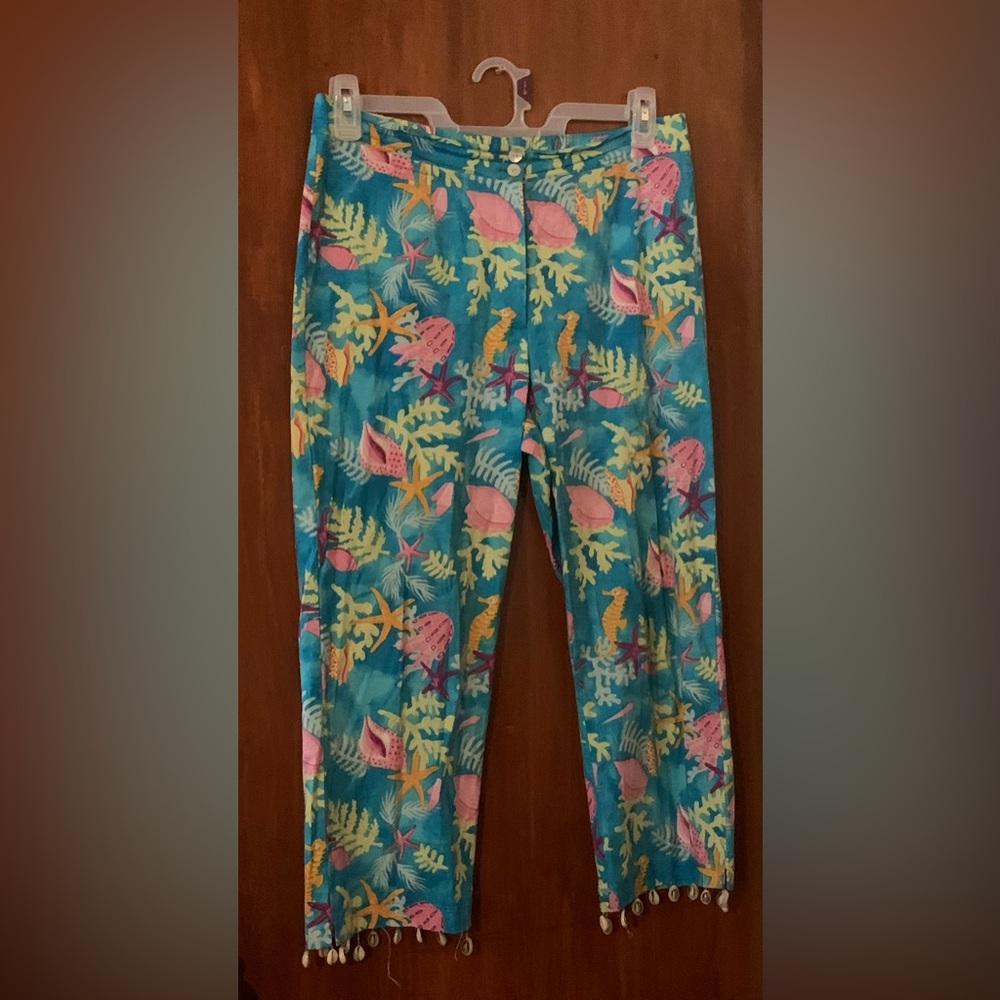 Sunday Brunch Tropical Seashell Starfish Seahorse pants with real shells vintage